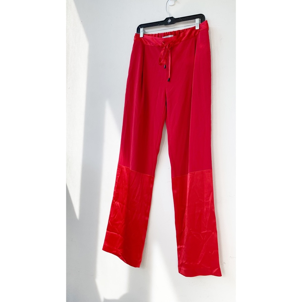 Kimberly Taylor Red Satin Crepe Jessica Drawstring High Rise Resort Pants Large